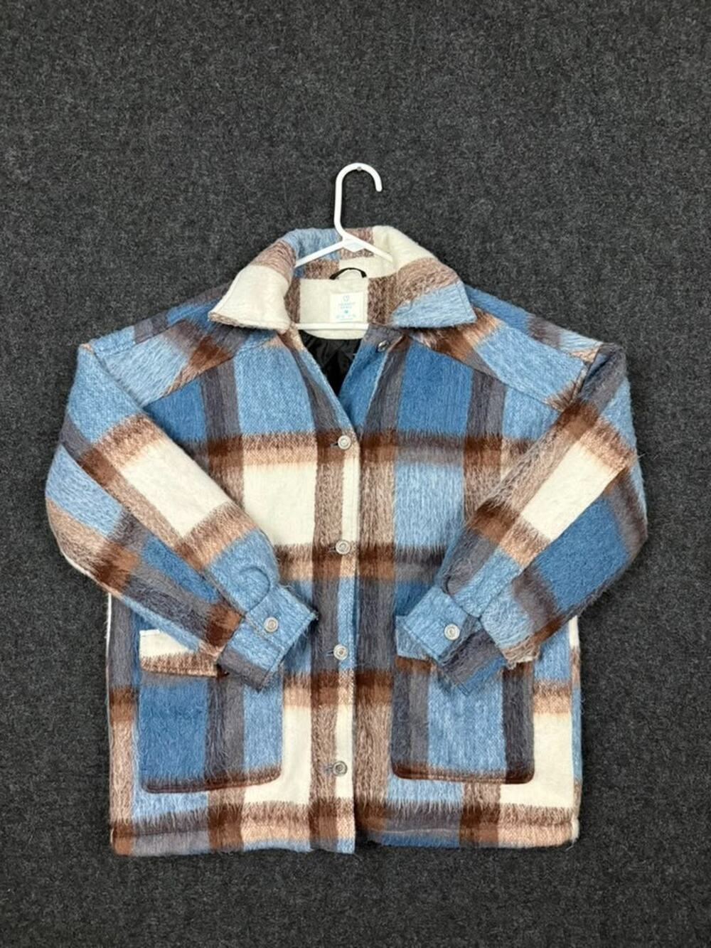 Primark blue brown plaid sherpa lined shacket jacket women medium